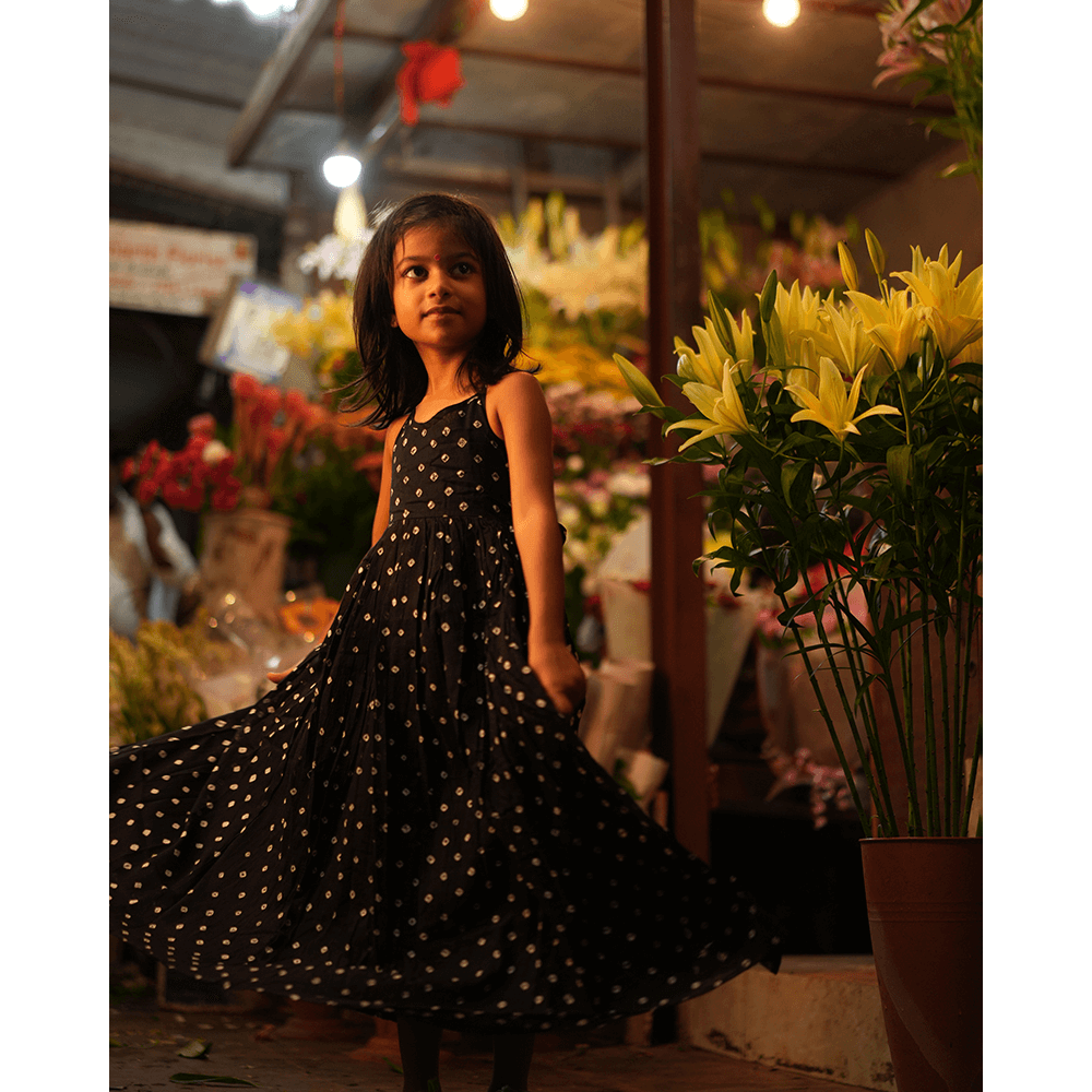 Love the World Today Tara Cotton Black Bandhani Halter Maxi Dress- Girls