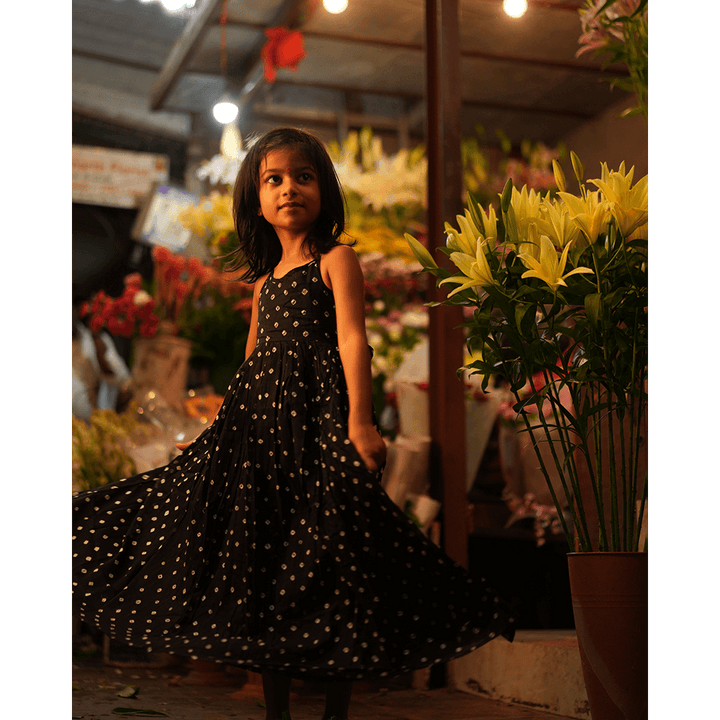 Love the World Today Tara Cotton Black Bandhani Halter Maxi Dress- Girls
