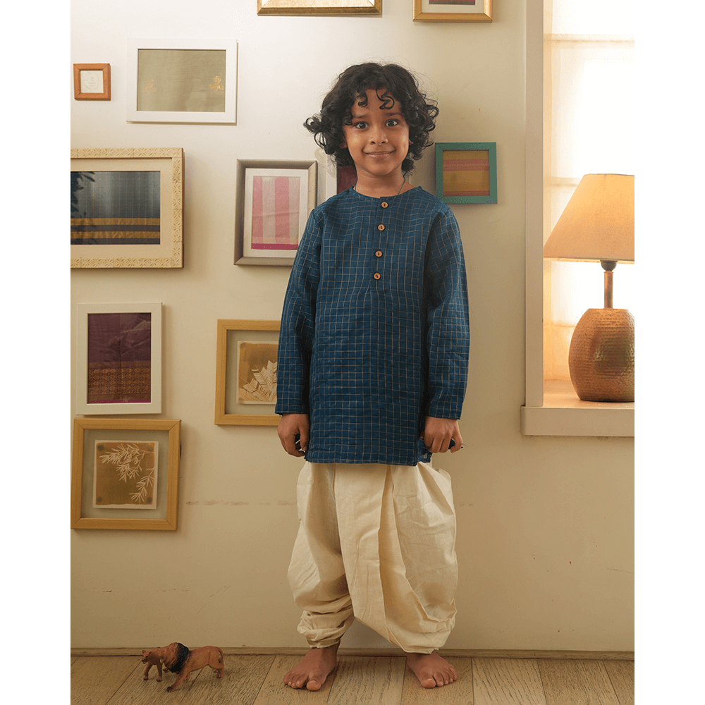 Love The World Today Aparajita Festive Kurta in Blue Gold Checks - Teal Blue