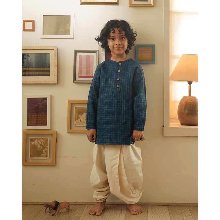 Love The World Today Aparajita Festive Kurta in Blue Gold Checks - Teal Blue