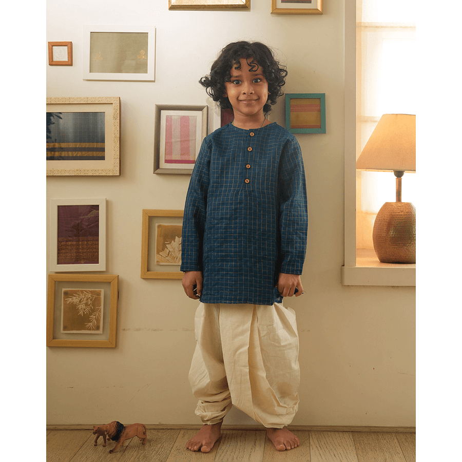 Love The World Today Aparajita Festive Kurta in Blue Gold Checks - Teal Blue