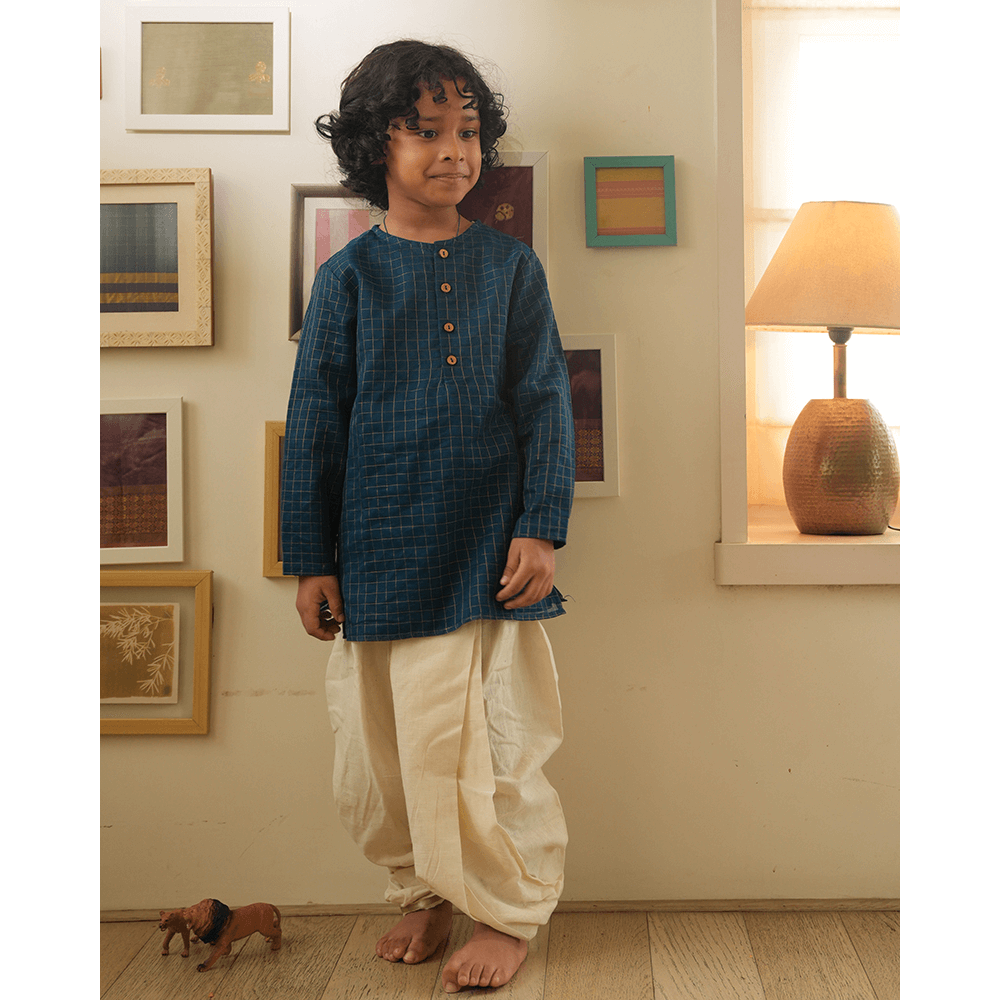 Love The World Today Aparajita Festive Kurta in Blue Gold Checks - Teal Blue