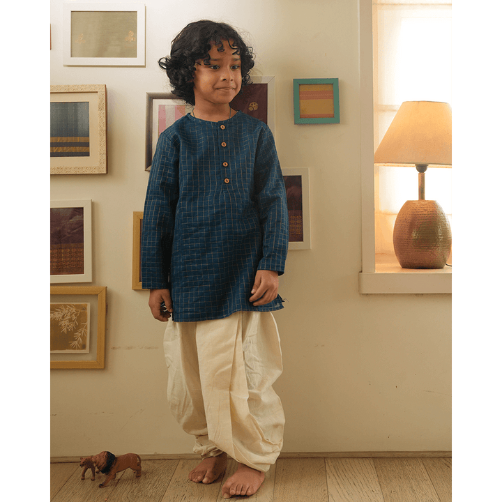 Love The World Today Aparajita Festive Kurta in Blue Gold Checks - Teal Blue