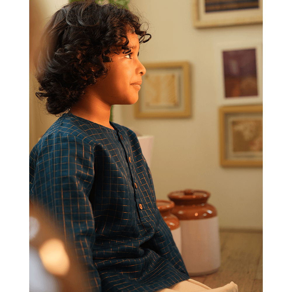 Love The World Today Aparajita Festive Kurta in Blue Gold Checks - Teal Blue