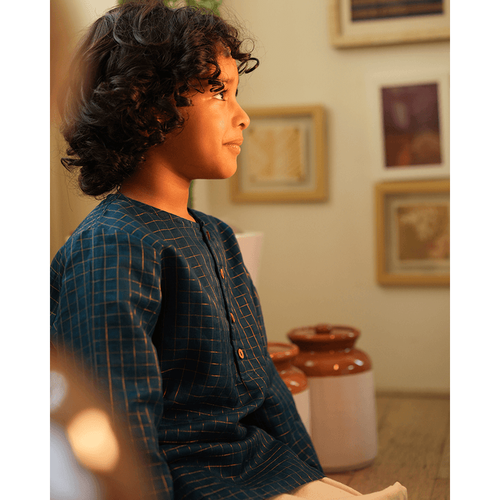 Love The World Today Aparajita Festive Kurta in Blue Gold Checks - Teal Blue