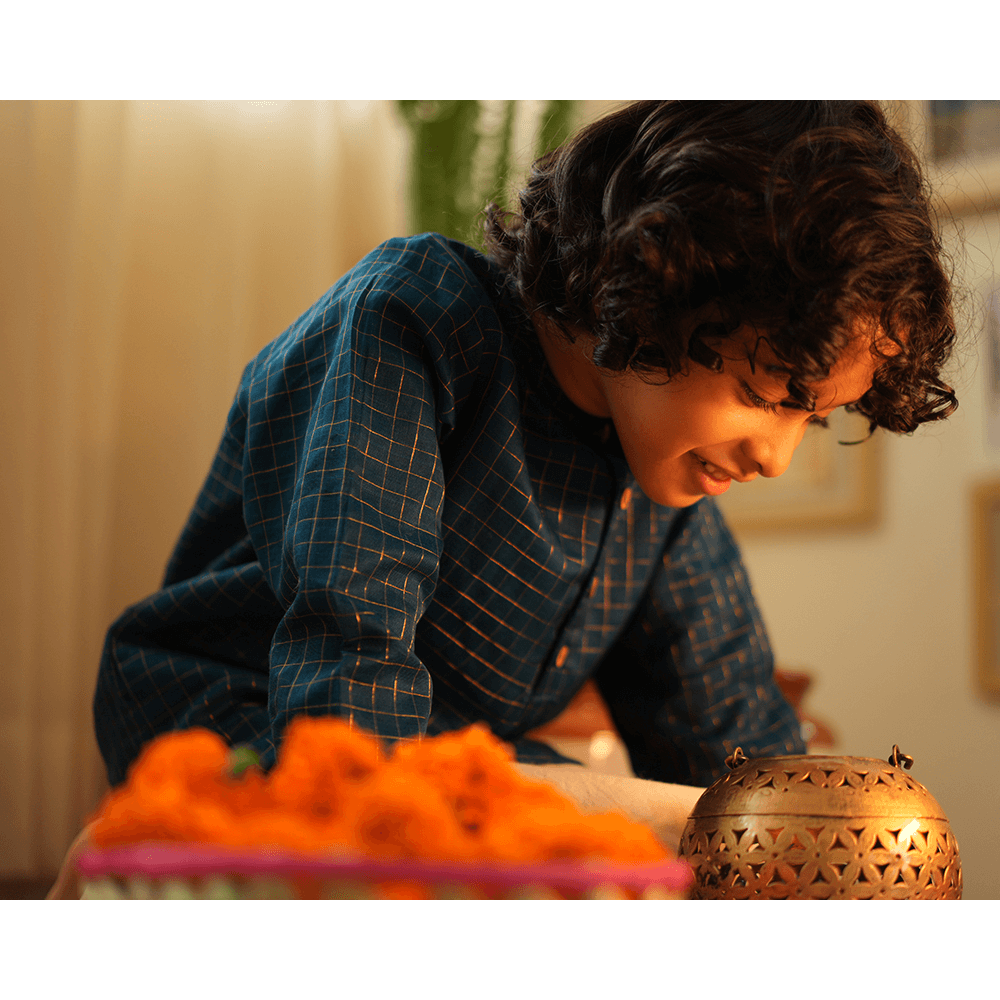 Love The World Today Aparajita Festive Kurta in Blue Gold Checks - Teal Blue