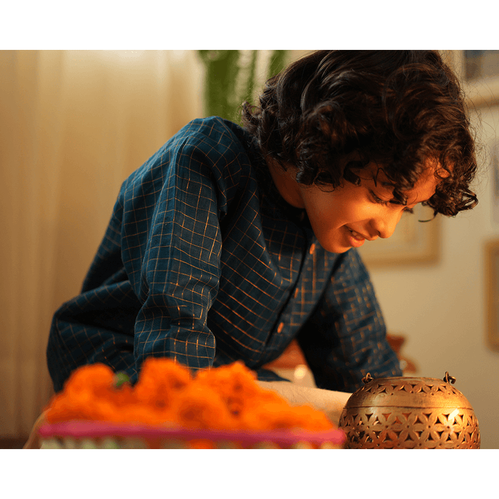 Love The World Today Aparajita Festive Kurta in Blue Gold Checks - Teal Blue