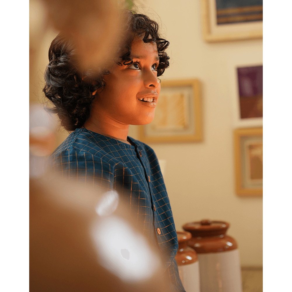Love The World Today Aparajita Festive Kurta in Blue Gold Checks - Teal Blue