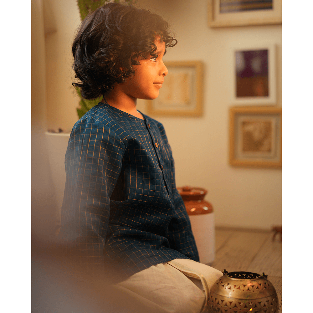 Love The World Today Aparajita Festive Kurta in Blue Gold Checks - Teal Blue