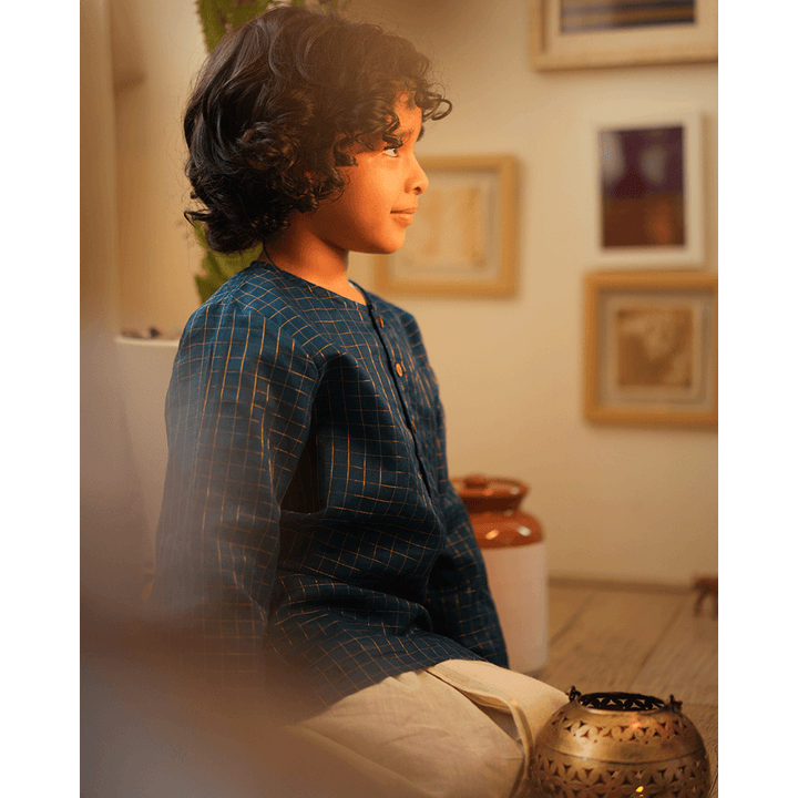 Love The World Today Aparajita Festive Kurta in Blue Gold Checks - Teal Blue