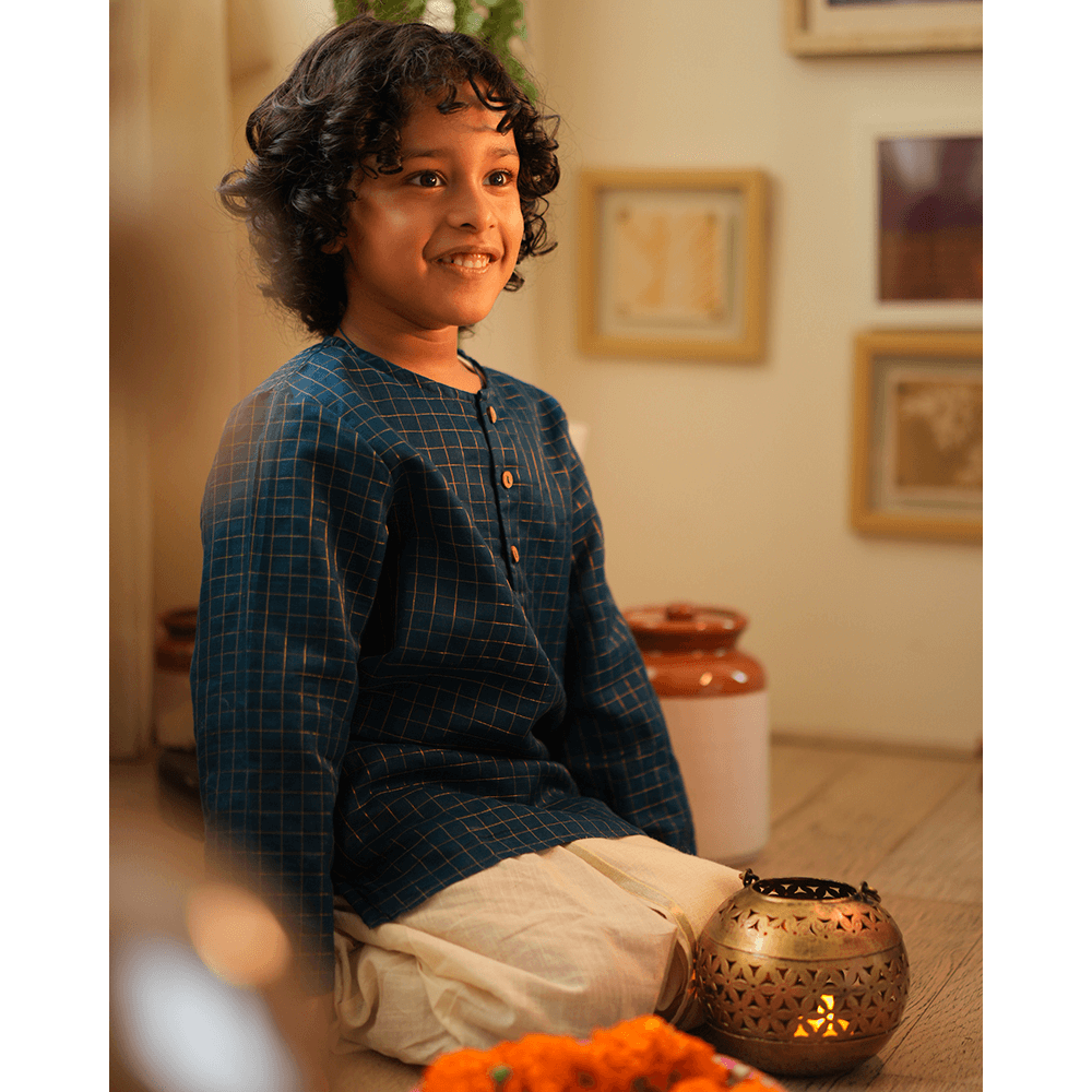 Love The World Today Aparajita Festive Kurta in Blue Gold Checks - Teal Blue