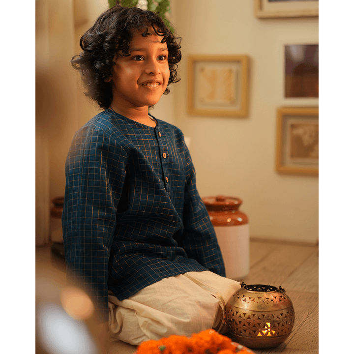 Love The World Today Aparajita Festive Kurta in Blue Gold Checks - Teal Blue