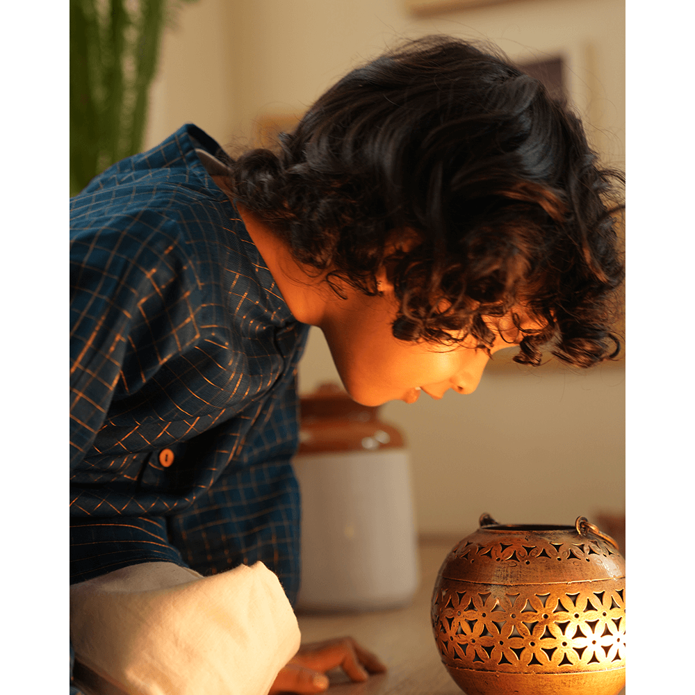 Love The World Today Aparajita Festive Kurta in Blue Gold Checks - Teal Blue