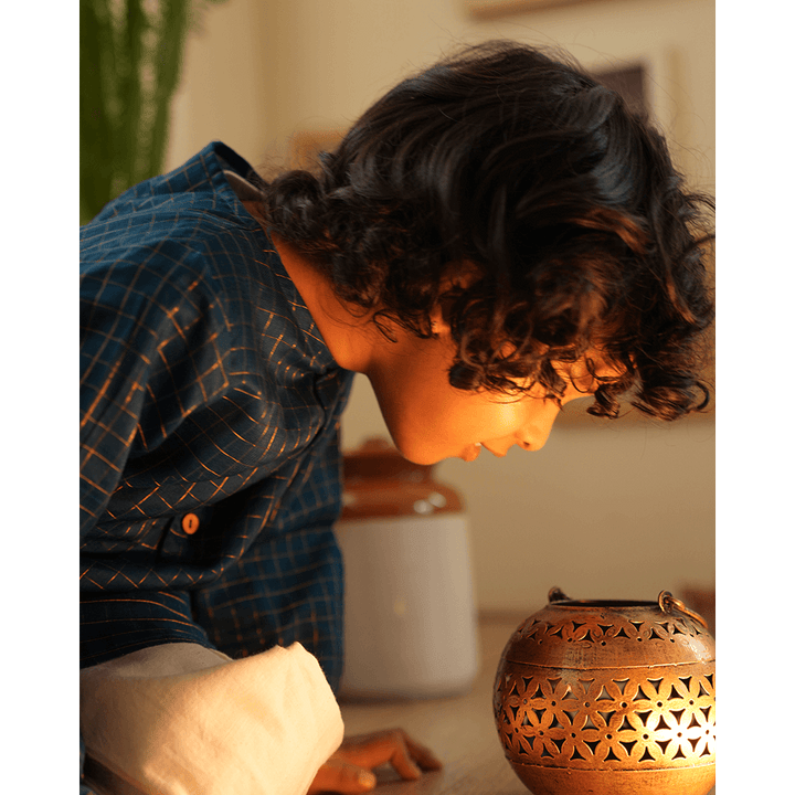 Love The World Today Aparajita Festive Kurta in Blue Gold Checks - Teal Blue