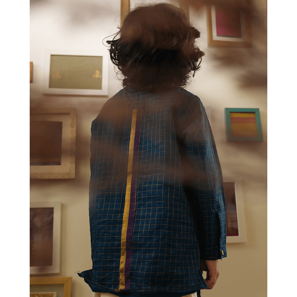 Love The World Today Aparajita Festive Kurta in Blue Gold Checks - Teal Blue