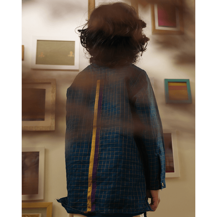 Love The World Today Aparajita Festive Kurta in Blue Gold Checks - Teal Blue