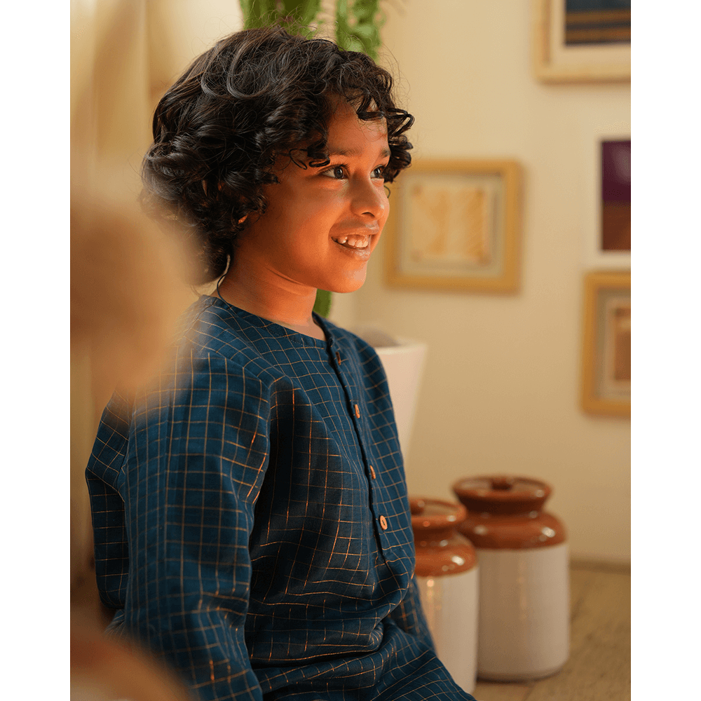 Love The World Today Aparajita Festive Kurta in Blue Gold Checks - Teal Blue