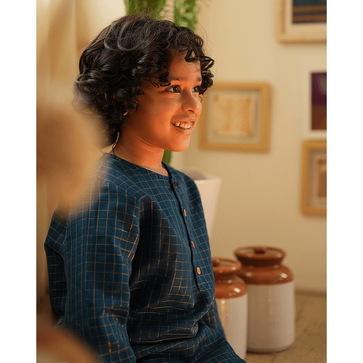 Love The World Today Aparajita Festive Kurta in Blue Gold Checks - Teal Blue