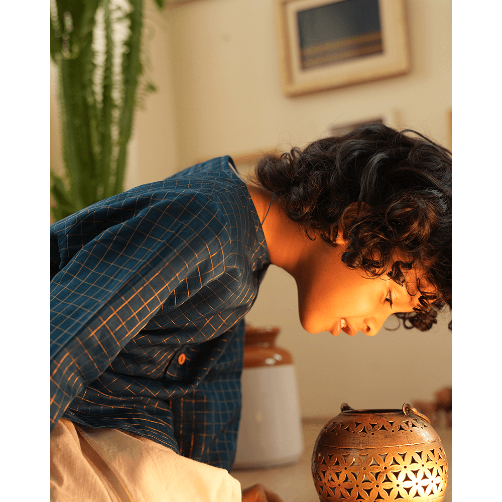 Love The World Today Aparajita Festive Kurta in Blue Gold Checks - Teal Blue