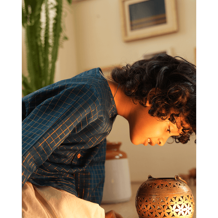 Love The World Today Aparajita Festive Kurta in Blue Gold Checks - Teal Blue