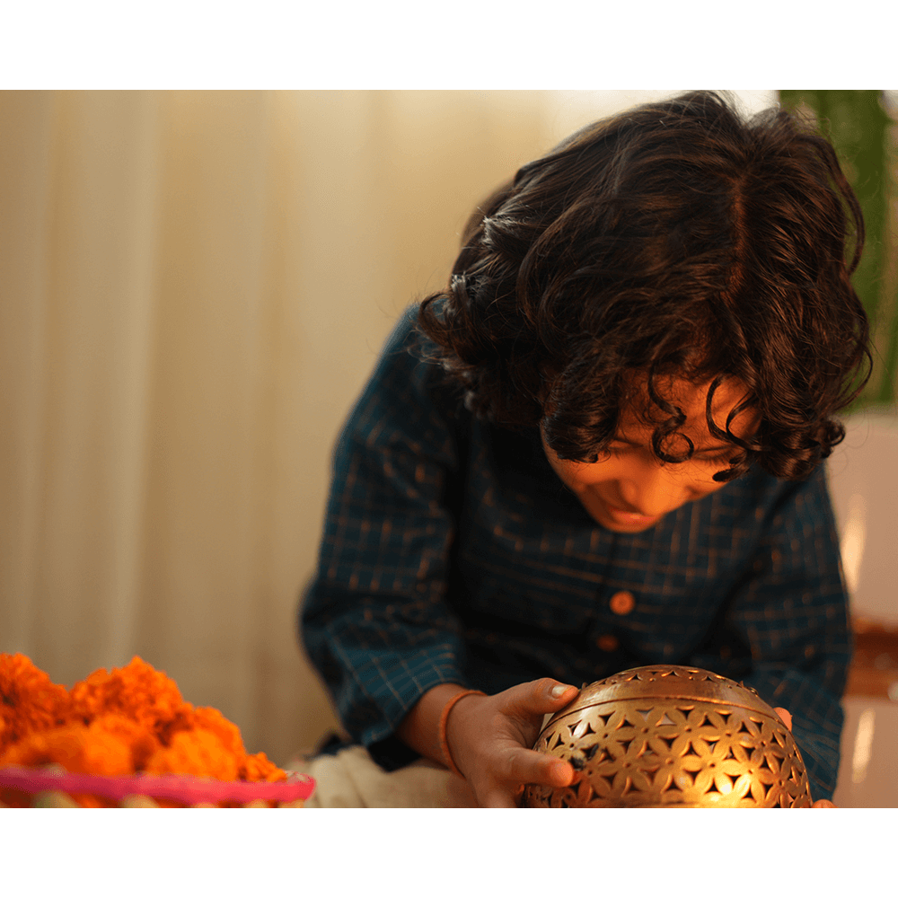 Love The World Today Aparajita Festive Kurta in Blue Gold Checks - Teal Blue