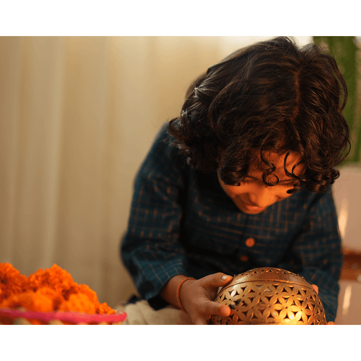 Love The World Today Aparajita Festive Kurta in Blue Gold Checks - Teal Blue