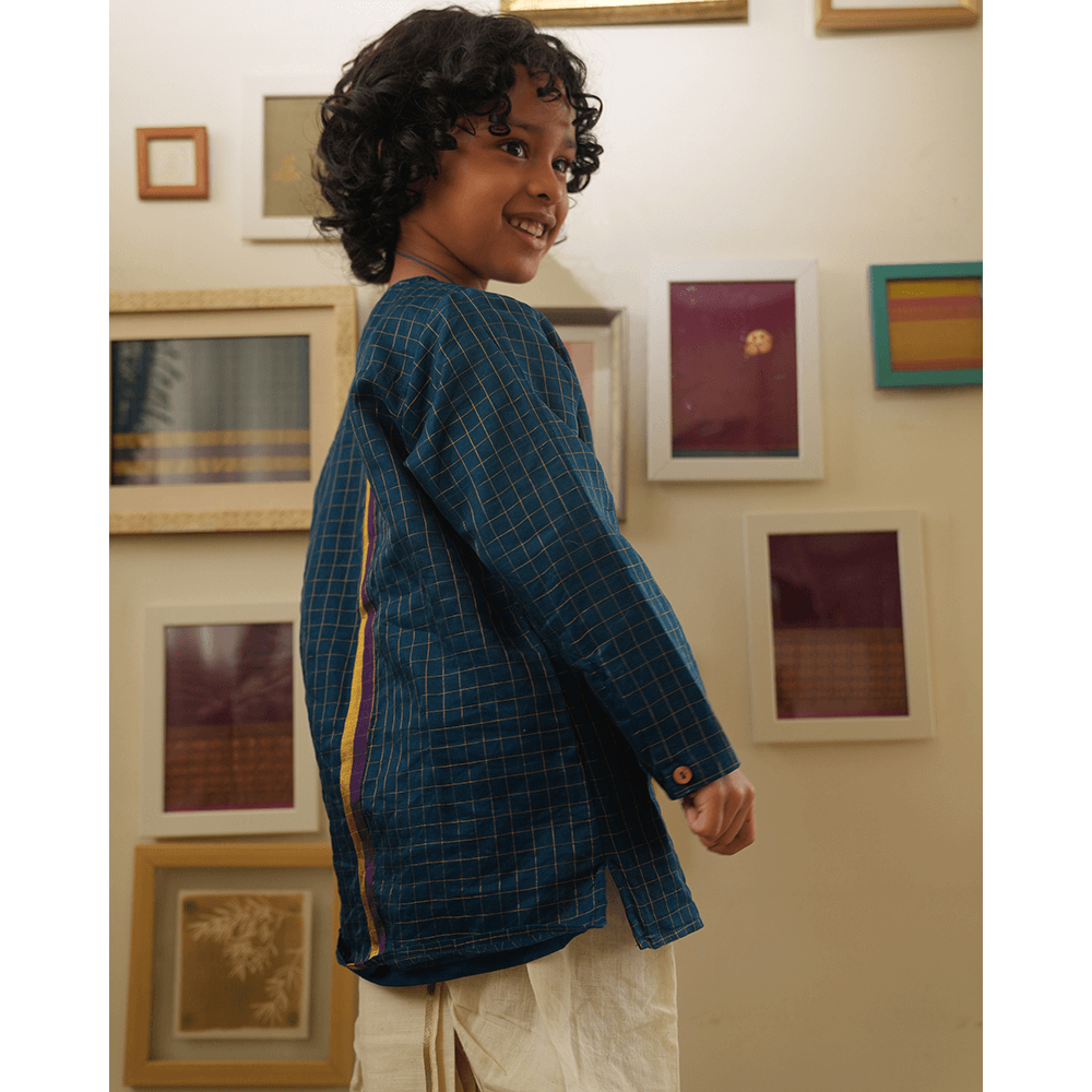 Love The World Today Aparajita Festive Kurta in Blue Gold Checks - Teal Blue