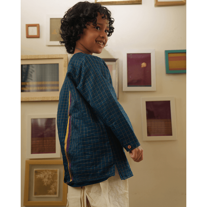 Love The World Today Aparajita Festive Kurta in Blue Gold Checks - Teal Blue
