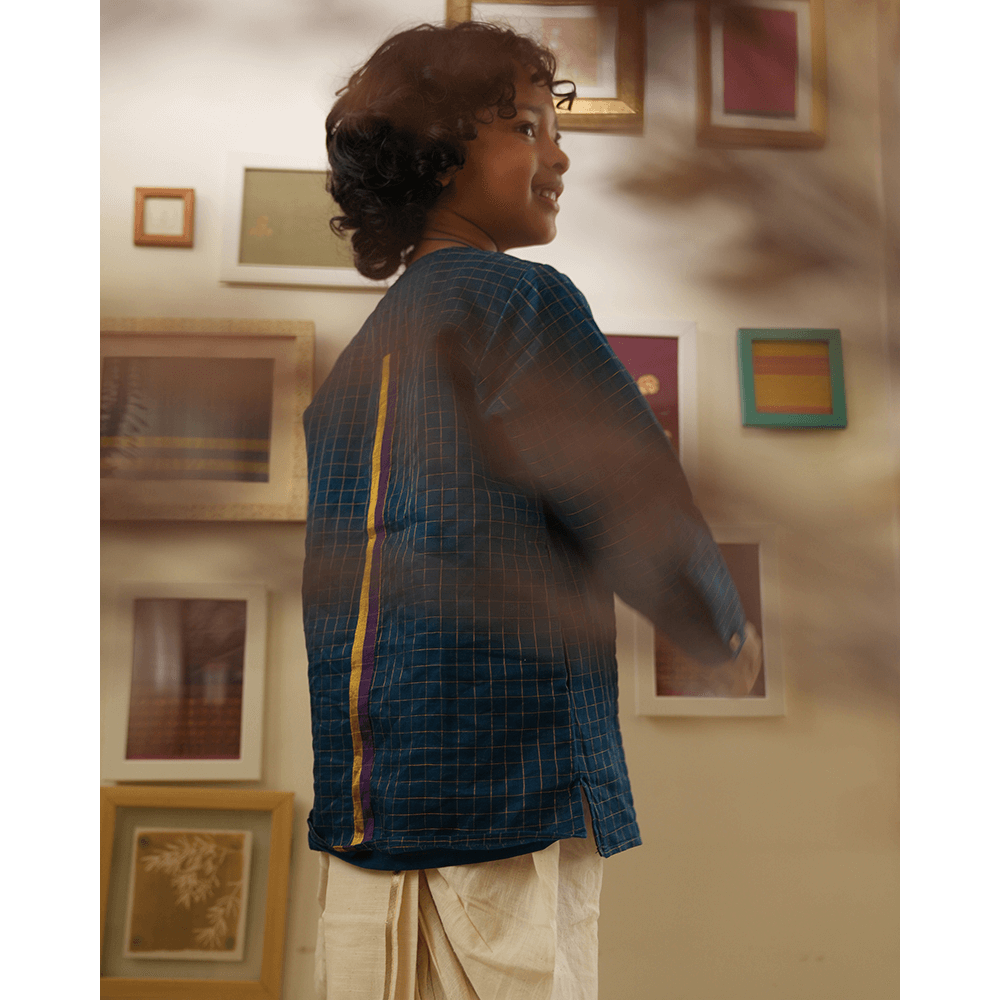 Love The World Today Aparajita Festive Kurta in Blue Gold Checks - Teal Blue