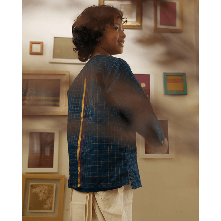 Love The World Today Aparajita Festive Kurta in Blue Gold Checks - Teal Blue
