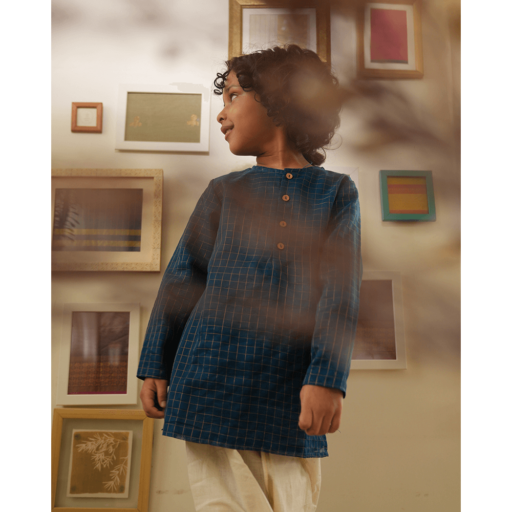 Love The World Today Aparajita Festive Kurta in Blue Gold Checks - Teal Blue
