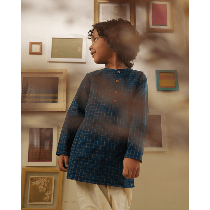 Love The World Today Aparajita Festive Kurta in Blue Gold Checks - Teal Blue