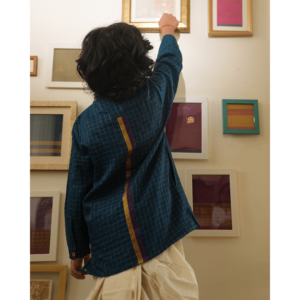 Love The World Today Aparajita Festive Kurta in Blue Gold Checks - Teal Blue