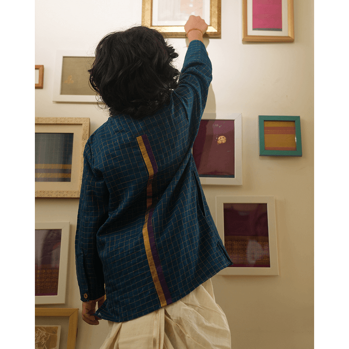 Love The World Today Aparajita Festive Kurta in Blue Gold Checks - Teal Blue