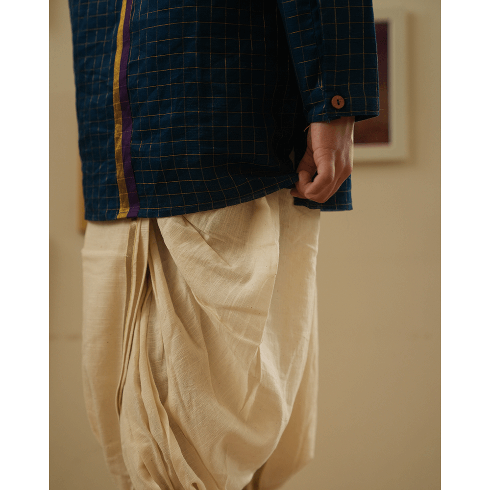 Love The World Today Aparajita Festive Kurta in Blue Gold Checks - Teal Blue