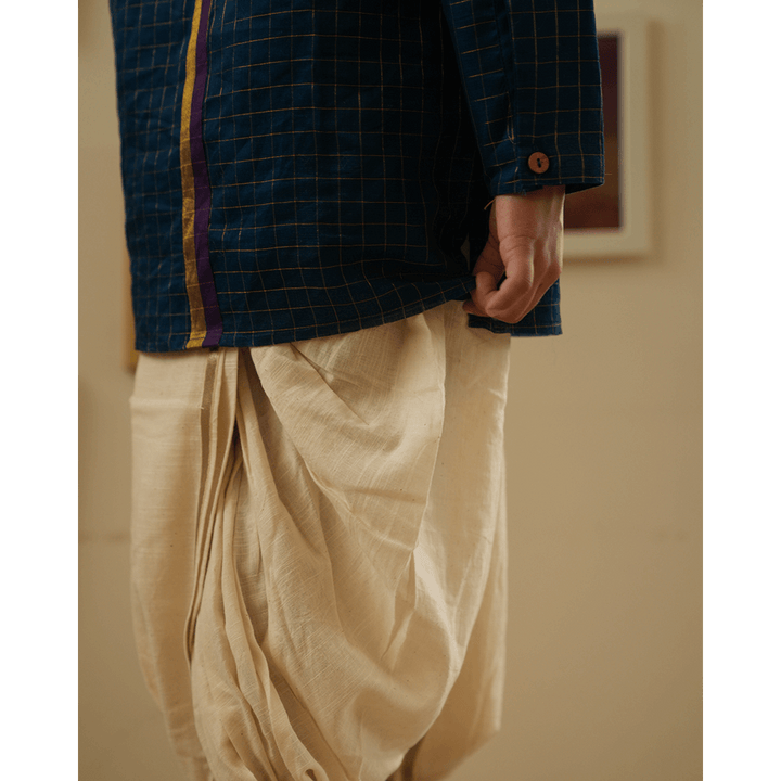 Love The World Today Aparajita Festive Kurta in Blue Gold Checks - Teal Blue