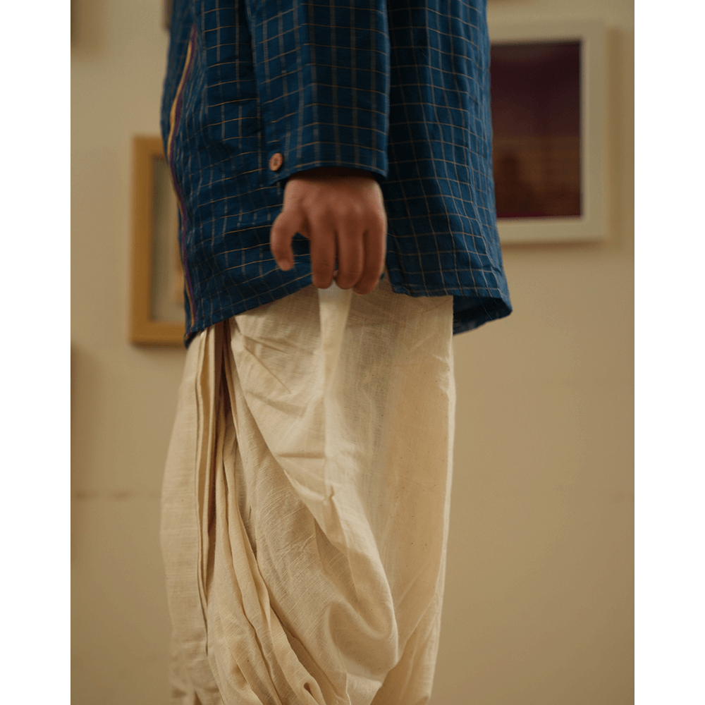 Love The World Today Aparajita Festive Kurta in Blue Gold Checks - Teal Blue