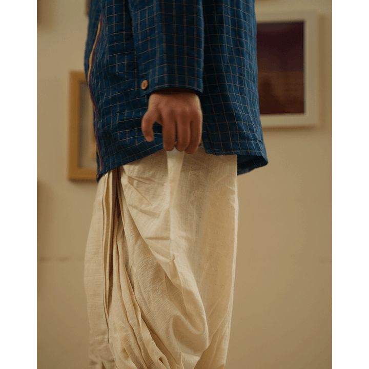 Love The World Today Aparajita Festive Kurta in Blue Gold Checks - Teal Blue