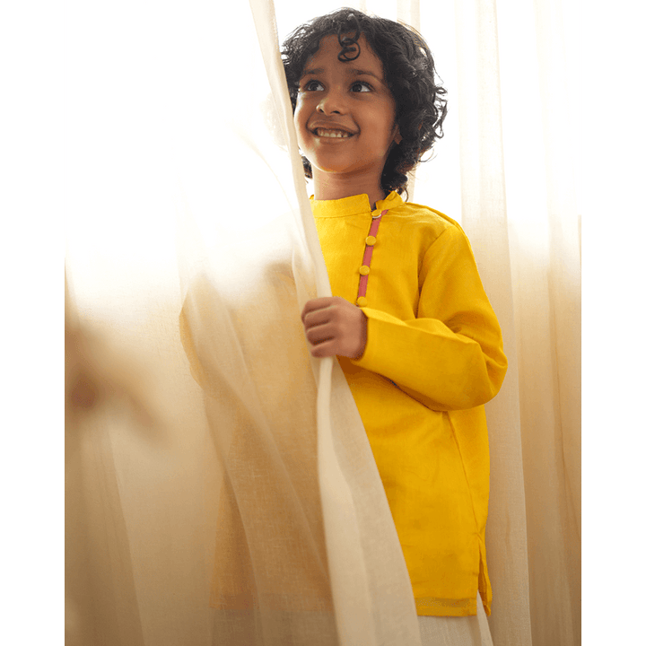 Love The World Today Basant Side Button Short Festive Kurta - Yellow