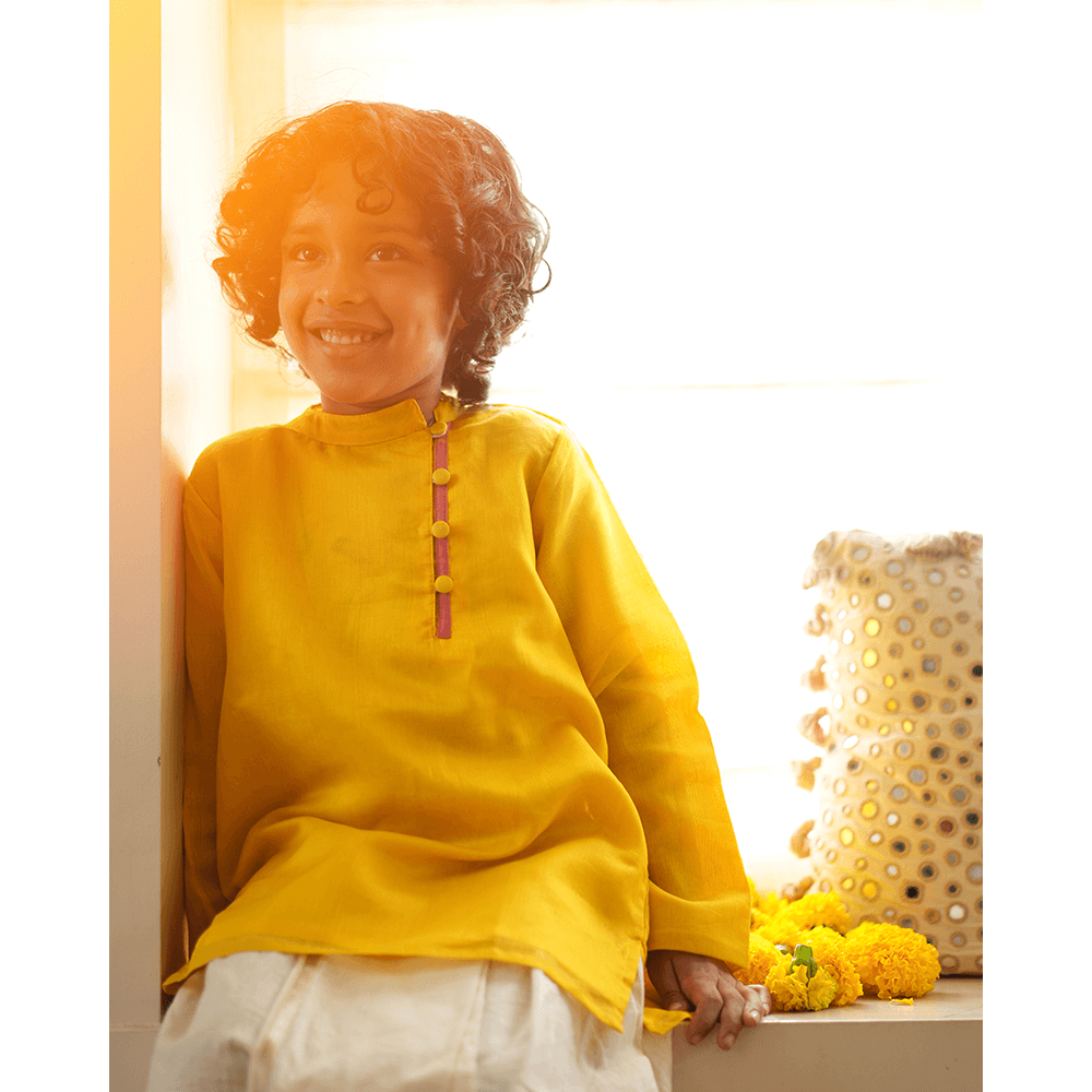 Love The World Today Basant Side Button Short Festive Kurta - Yellow
