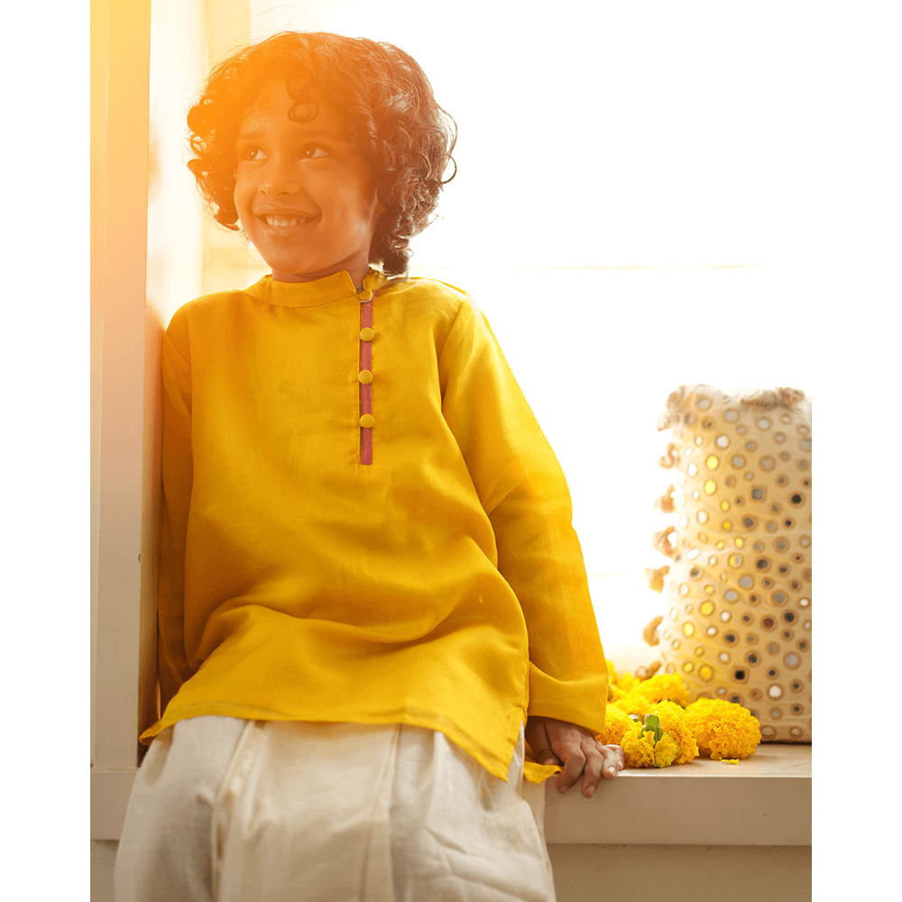 Love The World Today Basant Side Button Short Festive Kurta - Yellow