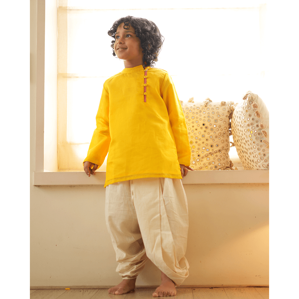 Love The World Today Basant Side Button Short Festive Kurta - Yellow