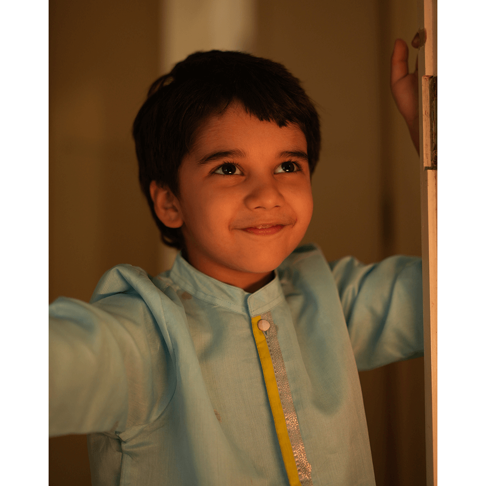 Love The World Today Poppy Chinese Collar Shirt Kurta - Light blue and Yellow