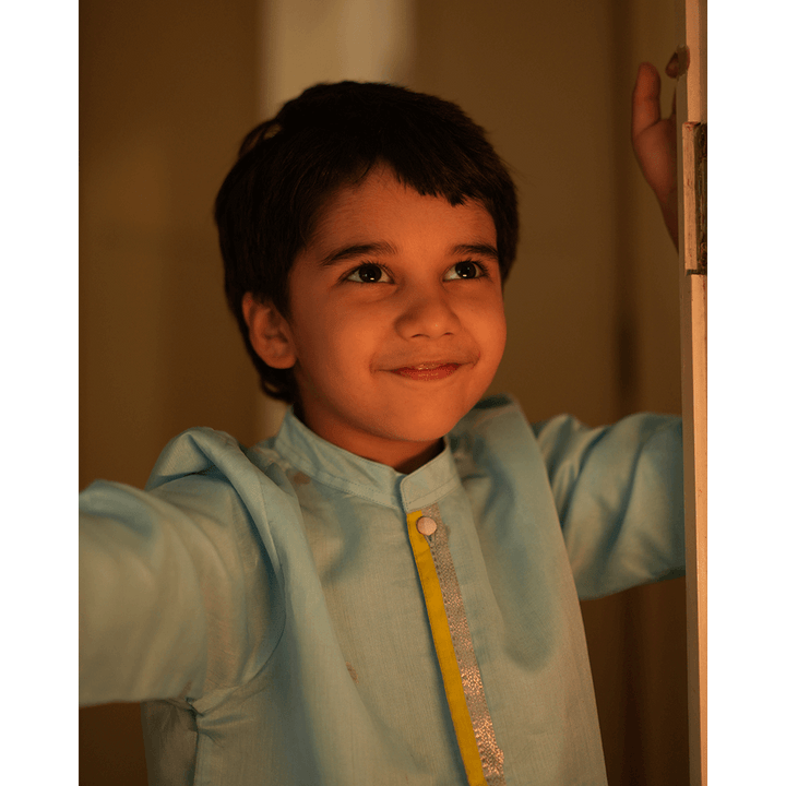 Love The World Today Poppy Chinese Collar Shirt Kurta - Light blue and Yellow