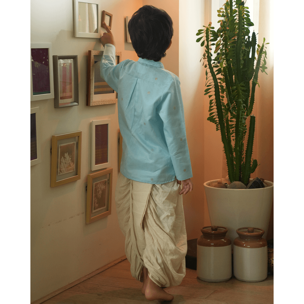 Love The World Today Poppy Chinese Collar Shirt Kurta - Light blue and Yellow