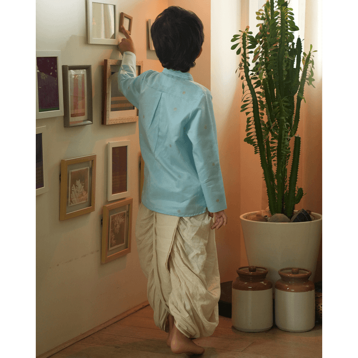 Love The World Today Poppy Chinese Collar Shirt Kurta - Light blue and Yellow