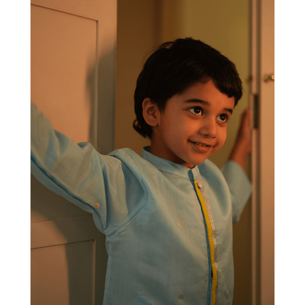 Love The World Today Poppy Chinese Collar Shirt Kurta - Light blue and Yellow