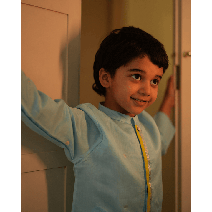 Love The World Today Poppy Chinese Collar Shirt Kurta - Light blue and Yellow