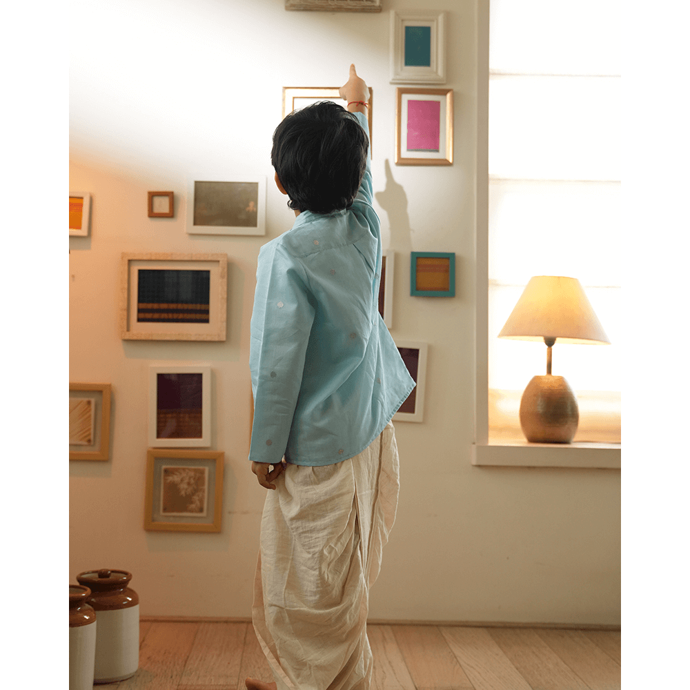 Love The World Today Poppy Chinese Collar Shirt Kurta - Light blue and Yellow