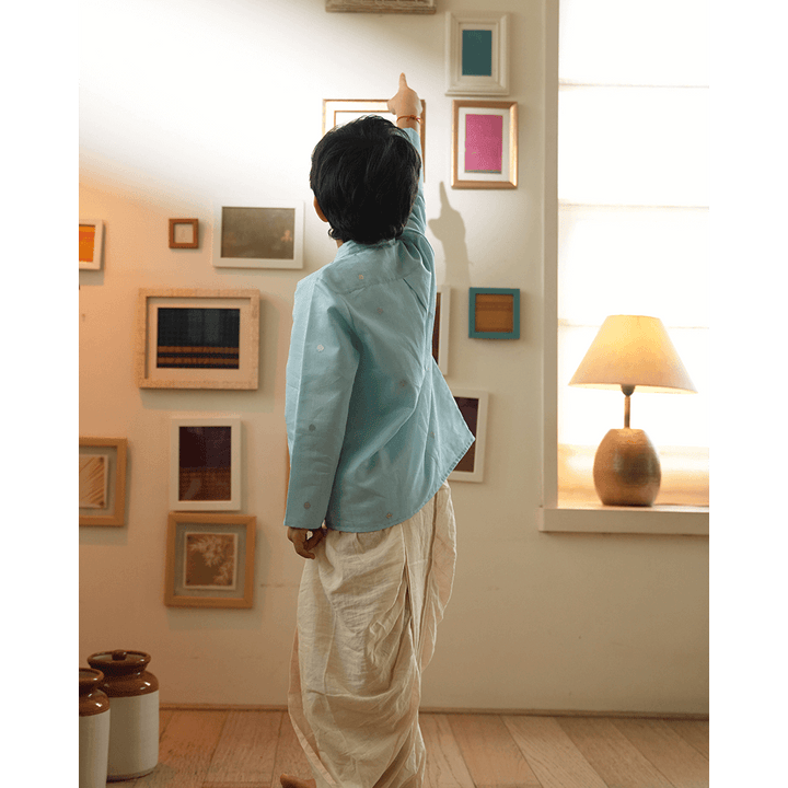 Love The World Today Poppy Chinese Collar Shirt Kurta - Light blue and Yellow
